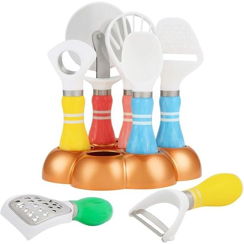 مجموعة ادوات المطبخ مع حامل - 8 قطع من ادوات الطبخ من الستانلس ستيل بما في ذلك مقشر ومبشرة جبن وفتاحة وقطاعة بيتزا امنة وانيقة وعملية للاستخدام المنزلي