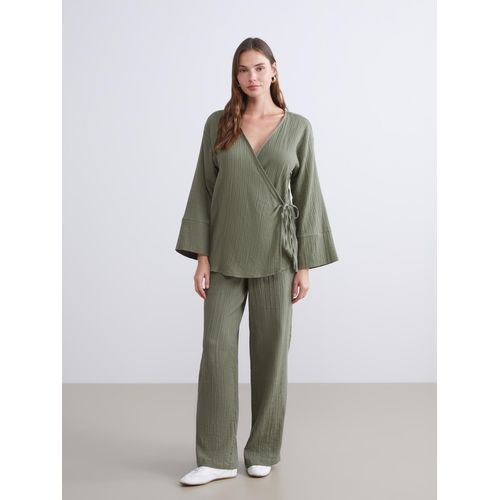 Elastic Waist Textured Muslin Womens Trousers