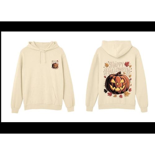 Halloween Pumpkin Print Pullover Hoodie, Beige Cotton Blend, Front Pocket, Autumn Leaves Design