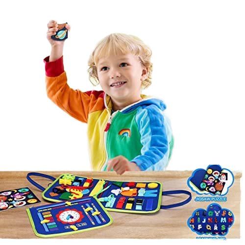 Busy Board for Toddlers – 19 Motor Skill Activities – Montessori Sensory Learning Toy with Buckles, Zippers, Buttons, Gears & Velcro Shapes – Portable Fabric Activity Board for Fine Motor Skills, Hand-Eye Coordination & Early Education