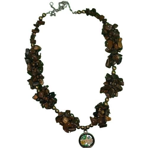 African Tiger Stone Necklace in Natural Hematite - Golden Glass Round Pendant - Brown in Gold - By Malika Accessories