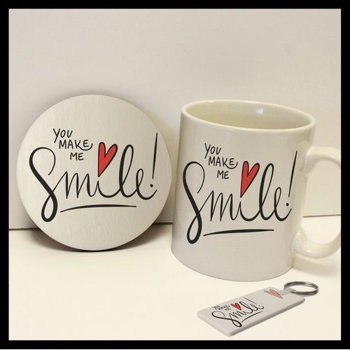 You Make Me Smile Mug, Coaster, and Key Chain Set