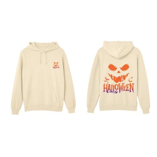 Halloween Graphic Hoodie, Spooky Pumpkin Face Design, Beige Cotton Blend Pullover with Front Pocket