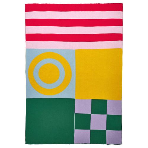 Blanket Colourful geometric blanket with stripes and circles. Yellow, pink, green, and red patterns. Cotton material, square shape.