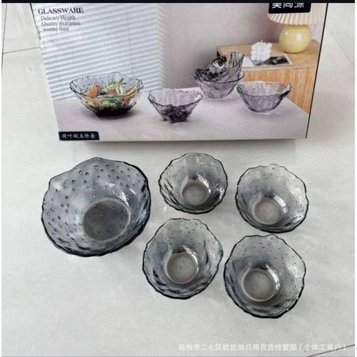 5-Piece Smoke Grey Glass Compote Set Large Bowl and 4 Small Bowls