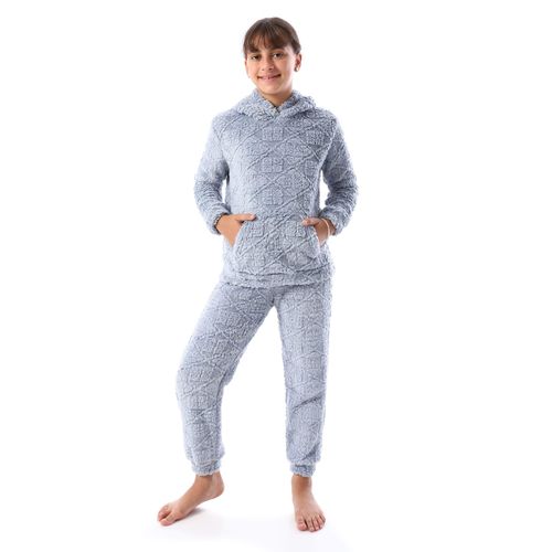 Lattice Pattern Fur Hooded Girls' Pajama - Light Blue