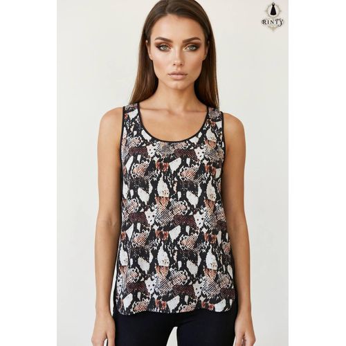 Women's sleeveless silk blouse featuring a modern design that combines a snakeskin-printed front with a solid black back