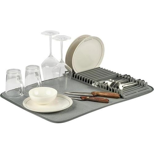 Dish Rack and Microfiber Drying Mat â€“ Space-Saving Design Folds Up for Easy Storage, Basic Rack, Gray.