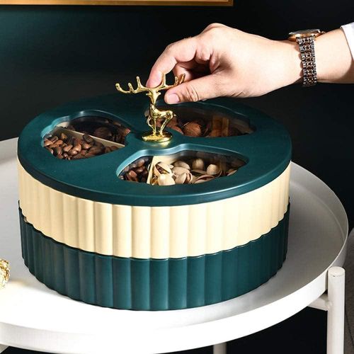 Two-tiered snack dish - with a transparent lid and a gold deer-shaped handle for serving sweets, biscuits, and much more. Acrylic, round.