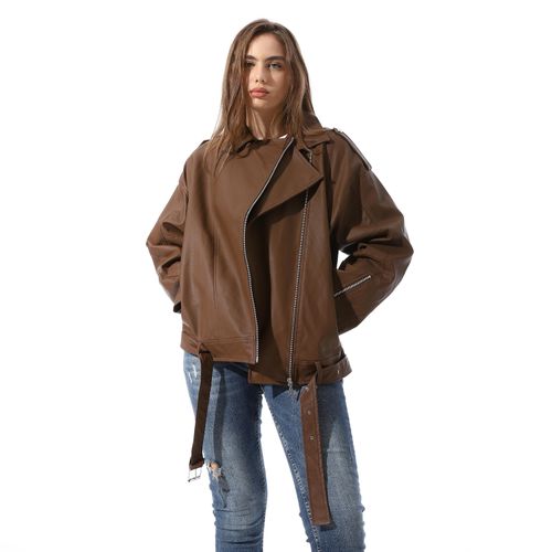 Women's Oversized Faux Leather Biker Jacket with Belt-17322-Brown