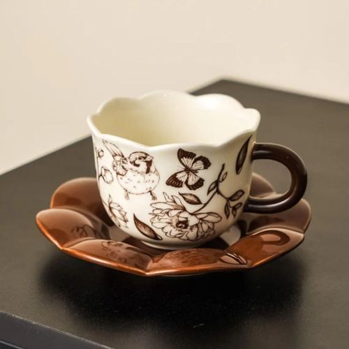 Flower Shape Porcelain Cup With Plate Birds And Butterflies White And Brown Coffee Tea Cup