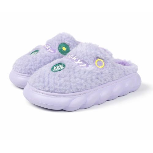 Women’s Plush Indoor Mule, Soft Fur Lined Cozy Home Slippers with Cute Patches, Lightweight & Warm