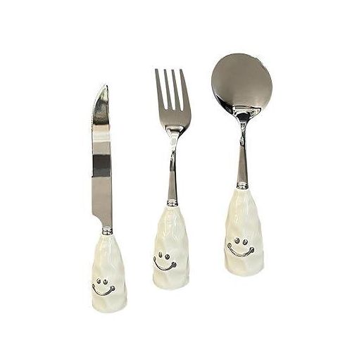 Stainless Steel Flatware Set, White Ceramic Handle, Smiley Face Design, 3 Pieces Fork Spoon Knife