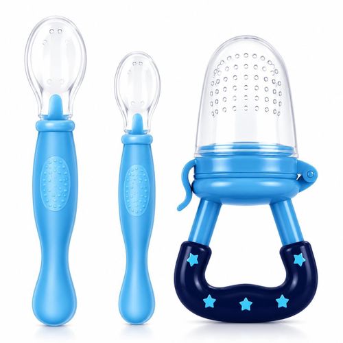 3-Piece Baby Feeding Set, Silicone Fruit Feeder with 2 Soft Feeding Spoons, BPA-Free Self Feeding Set for Fruits, Purees & First Foods Blue