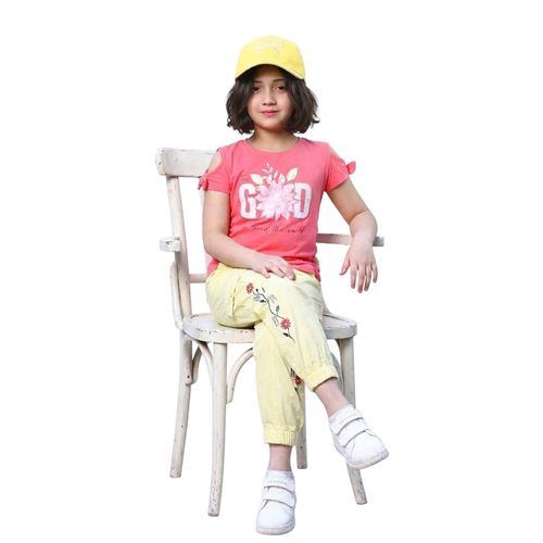 Girls Summer Outfit Set Cotton 100% Single Lycra T-Shirt with Cargo Pants Soft Breathable Casual Kids Clothes Floral Printed Top Elastic Waist Trousers Comfortable Daily Wear