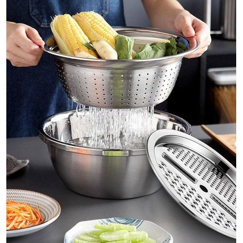 26cm Basin Grinder, Multi-functional 3 in 1, Vegetable Slicer with Drain Basket - Washing Pot Set and Filter for Vegetables and Fruits, Made of Stainless Steel, (Silver)