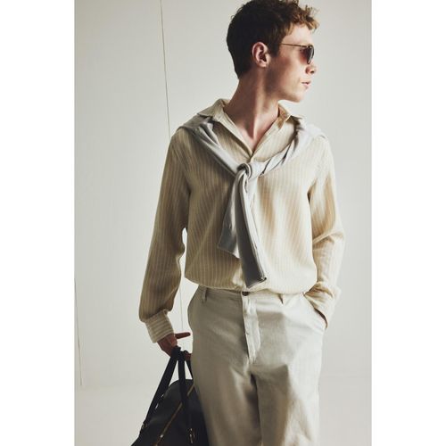 Regular Fit Polo Neck Linen Looking Long Sleeve Shirt