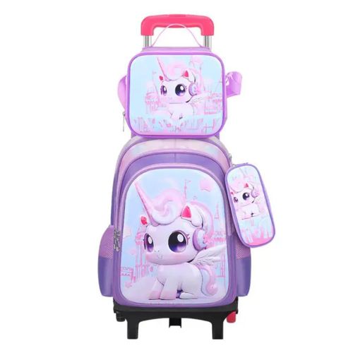 Girls' school bags with wheels, pencil case and lunch bag - ideal for school and trips, comfortable and lightweight with multiple pockets