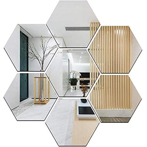 HFR Hexagon Acrylic Mirror Wall Decor Stickers 7Pcs, Shatterproof Reflective DIY Mirrors - Multi-Color & Multi-Piece Sets (Silver)