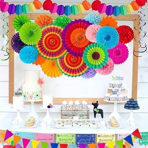 Hanging Paper Fan Decorations, Round Folding Fans, Green and White, 6 Piece Set, 23cm, 30cm and 43cm, for Birthday, Wedding Party (Option 3)