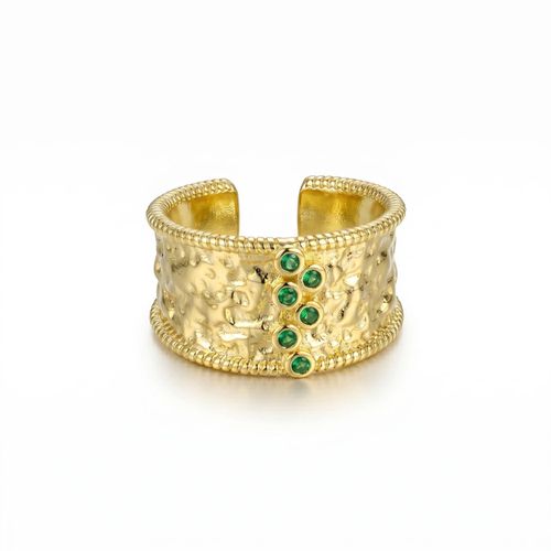 Wide Gold-Plated Stainless Steel Ring with Colorful Zirconia Stones