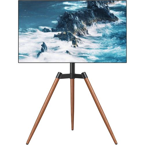 Easel TV Stand with Tripod Base for 37–65 Inch Flat/Curved Screen TVs up to 77 lbs, Height Adjustable TV Floor Stand with Cable Ties and 140° Swivel for Bedroom, Living Room, Studio, Brown