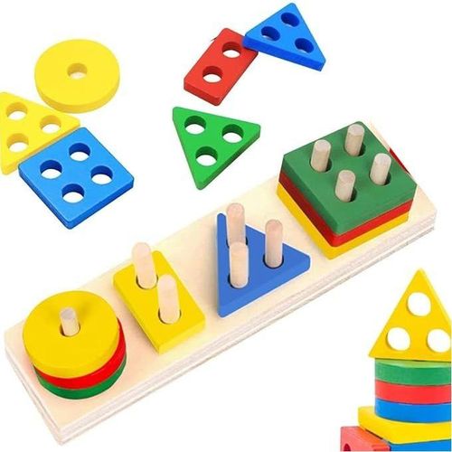 Wooden puzzle cubes in geometric shapes, Montessori, multi-colored sorting and classification games