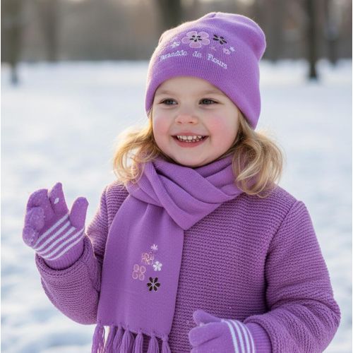 Kids Bundle Ice Cap And Shawl And Gloves Suitable For 3-5 Years - mouve