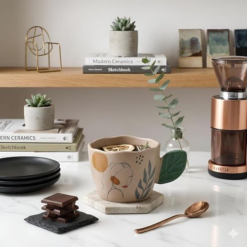 Ceramic Mug - Handmade mug withmodern design featuring abstract face art and organic paper handle, perfect for coffee lovers, spacious design for cappuccino or tea, elegant decor piece for office and