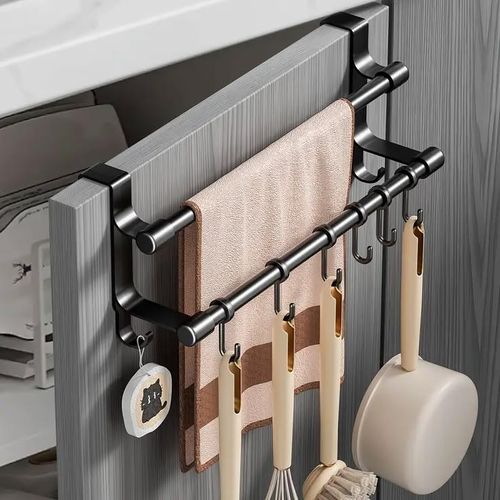Multi-purpose wall mounted kitchen organizer with 2 pipes, holds kitchen paper rolls, stretch film, and foil, with a hanger and 6 hooks. Organizes kitchen utensils, towels, and cooking tools to save space and keep your kitchen tidy.