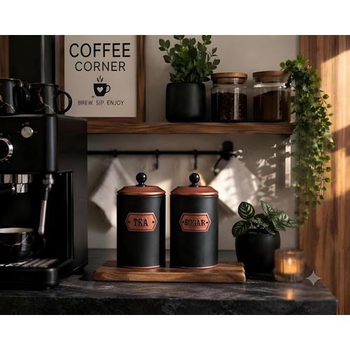 Storage Canisters Set - 2 Piece Black Metallic Jars for Tea and Sugar Kitchen Organization