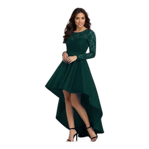 Women's Lace Long Sleeve High-Low Evening Dress - Olive Green