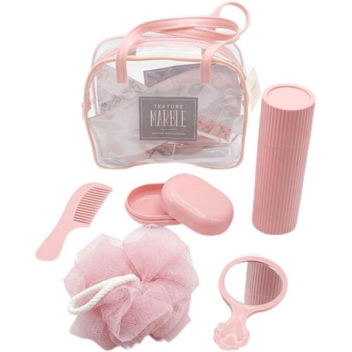 Travel Toiletry Bag Set 6 Piece Complete Shower and Bath Set for Girls (Pink)