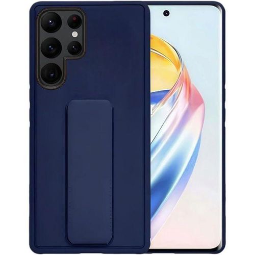 Back Cover Stand Case Magnetic Car Holder Soft Silicone Horizontal & Vertical Kickstand Cover Wrist Strap Full protection Anti Fingerprint Case (blue, SAAMSUNG S23 ULTRA)