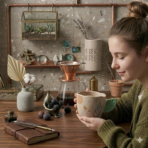 Ceramic Mug - Ceramicmug featured with artwork of an abstract face and organic handle shape, perfect for displaying personal style, securely holds hot tea or coffee, adds a touch of fun to offices, gr