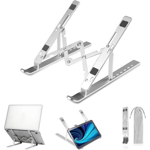 Portable laptop stand, metal silicone alloy multi level height adjustable laptop riser holder compatible with all laptops 15.6 and tablets - black