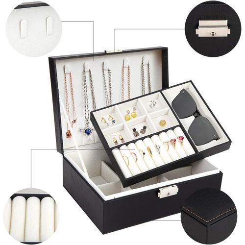 Leather Jewelry Box Organizer with Lock, 2-Layer Removable Display Storage Case for Necklaces, Rings, Earrings, Bracelets