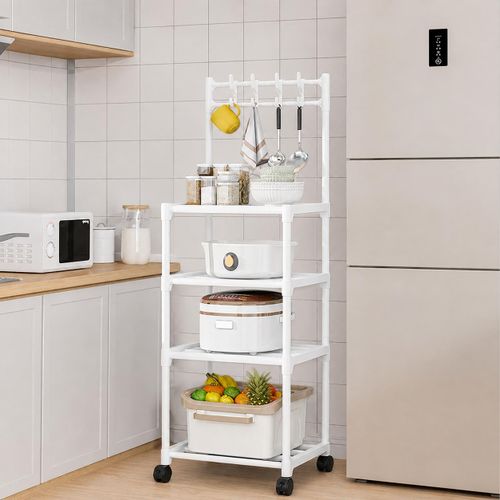 4-Tier Multi-Purpose Kitchen Storage Rack with Hooks & Wheels