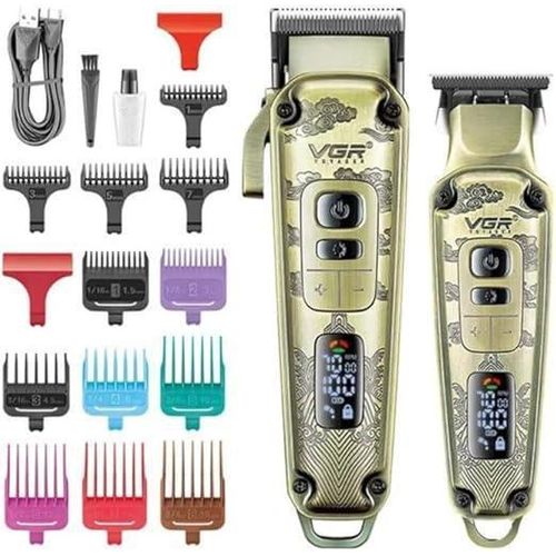 V-643 Ultra Premium Metal Housing Hair Clipper Trimmer Set Powder Metallurgic Blade Digital Display 5500-7000 RPM 4 Speed motor auto testing button 12 Guide Comb Clipper T-cutter 0 Gapped Trimmer