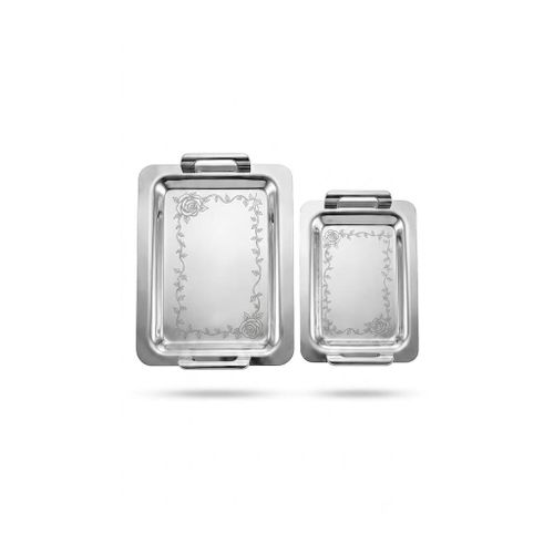 2-Piece Rectangular Stainless Steel Serving Tray Set with Laser-Etched Rose Borders