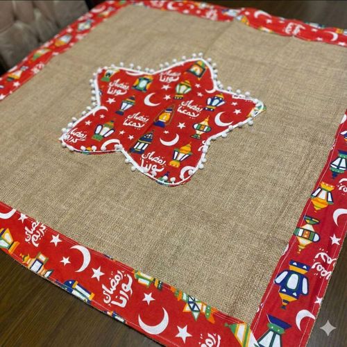 Square Burlap Tablecloth 100*100 cm , Ramadan décor - Red with Burlap Star Design