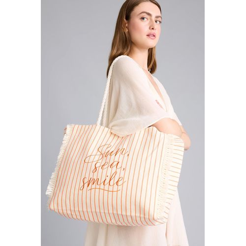 Woman Ecru Embroidered Beach Bag