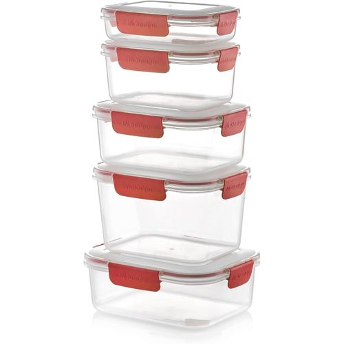Fresco Food Containers - 0.6, 1.1L, 1.6L, 2.1L, 2.3L - Pack of 5 - BPA Free, Microwave Safe, Dishwasher Safe, Food Safe, Stackable - Clear/Red
