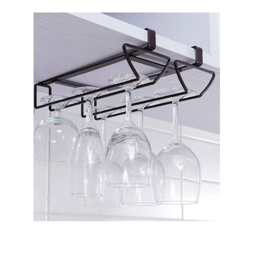 eBasket Juice cup hanging rack under the kitchen cupboard to store cups without the need to make holes, metal holder and organizer for glass juice cups - double (black)