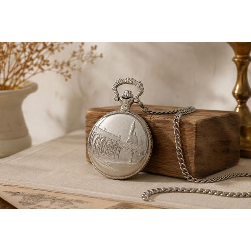 Classic Silver Pocket Watch with Chain and Embossed Sailing Ship Cover