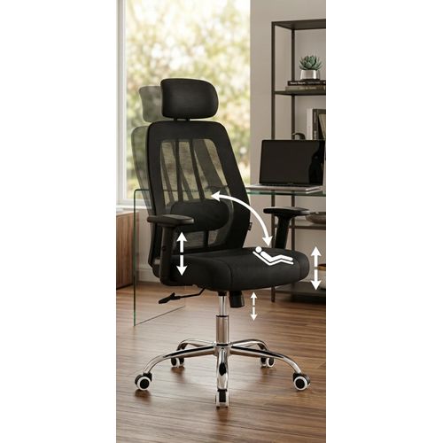 Mesh office chair - Medical chair with a reinforced medical fabric backrest and cushion, adjustable armrests, and a reclining backrest that unfolds into a chaise lounge.
