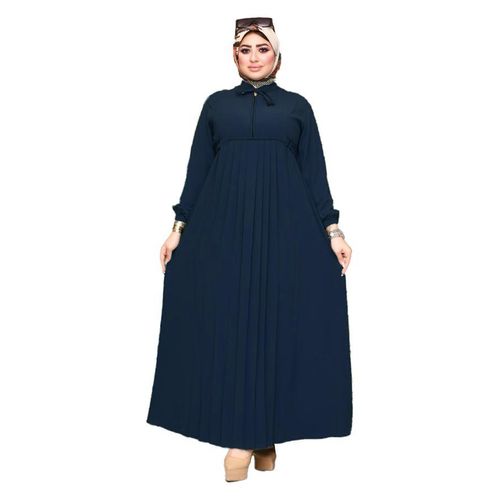 Royal Crepe Abaya Elegant Neck Tie Integrated Waist Belt Consists of 1 Pieces Model 165 Navy Blue