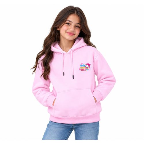 Girls' Melton hoodie featuring prints on the chest and back, and a hood.