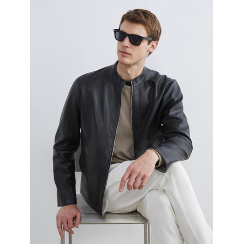 Mock Neck Men's Faux Leather Jacket