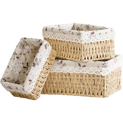 Rfegtui Storage Basket Set of 3 - Wicker Baskets for Organizing Shelves, Decorative Rectangle Woven Basket With Removable Liner